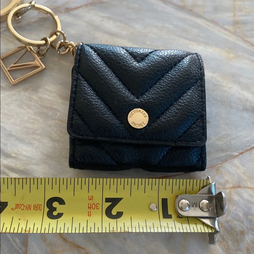 Victorias Secret Black Quilted Mini Pouch Keychain Gold V Logo Charm Case